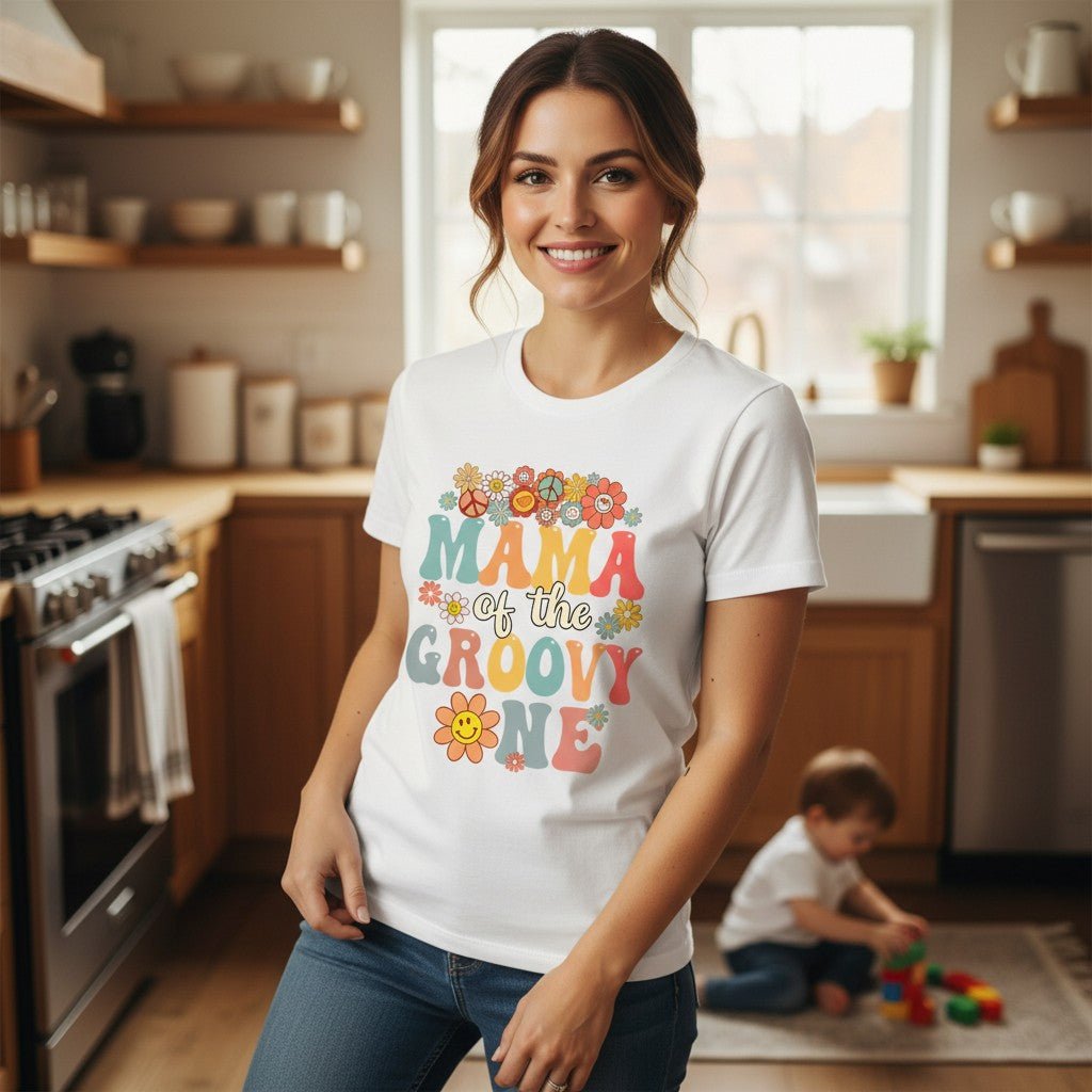 Mama Of The Groovy One T-Shirt Lightweight Cotton Women's Graphic Top Mother Apparel