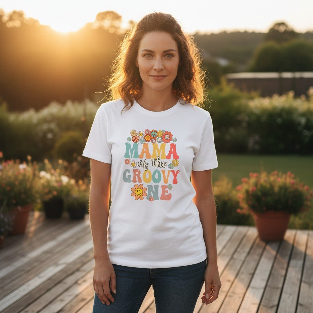 Mama Of The Groovy One T-Shirt Lightweight Cotton Women's Graphic Top Mother Apparel