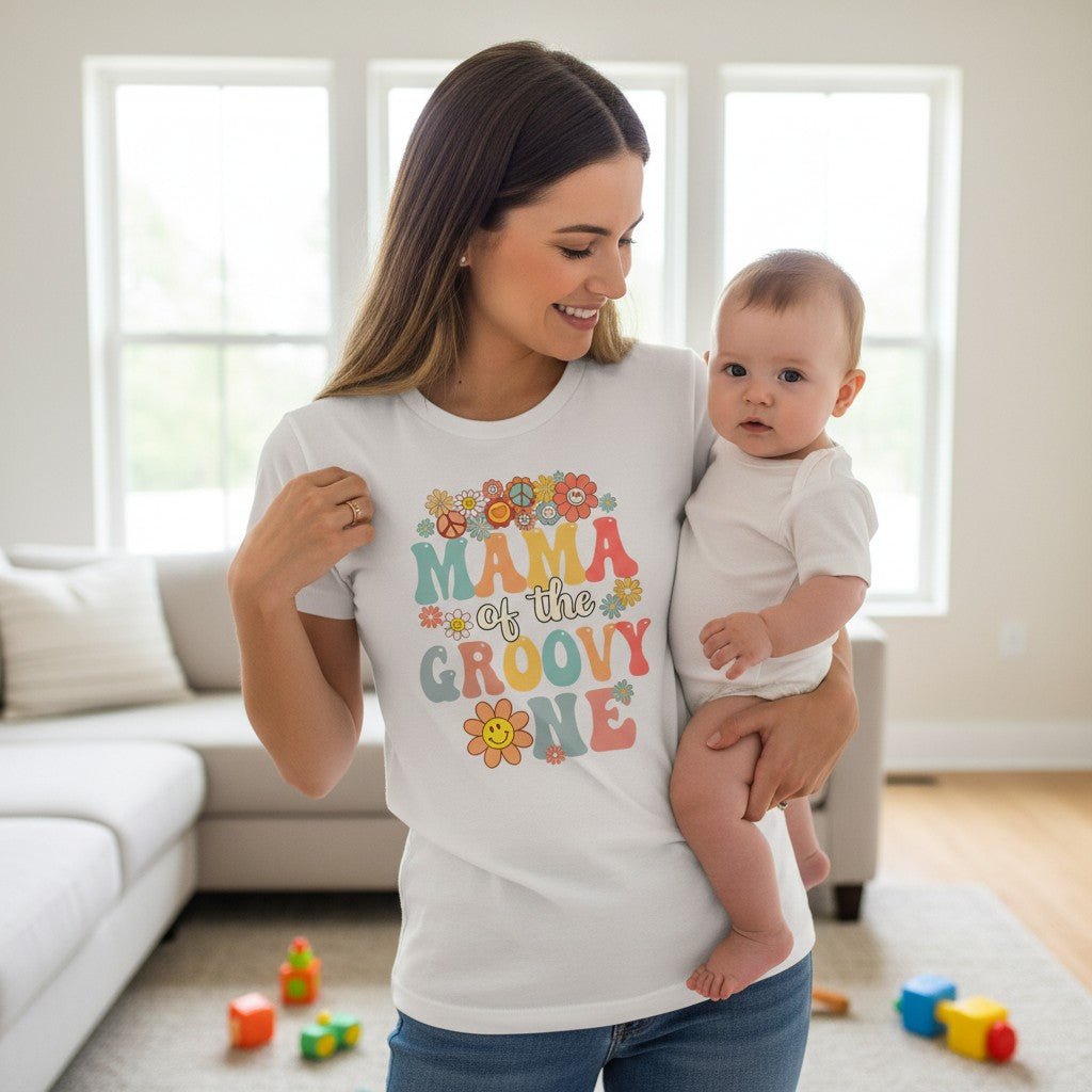 Mama Of The Groovy One T-Shirt Lightweight Cotton Women's Graphic Top Mother Apparel