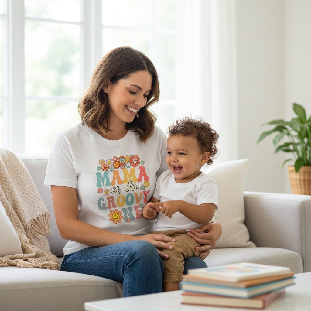 Mama Of The Groovy One T-Shirt Lightweight Cotton Women's Graphic Top Mother Apparel
